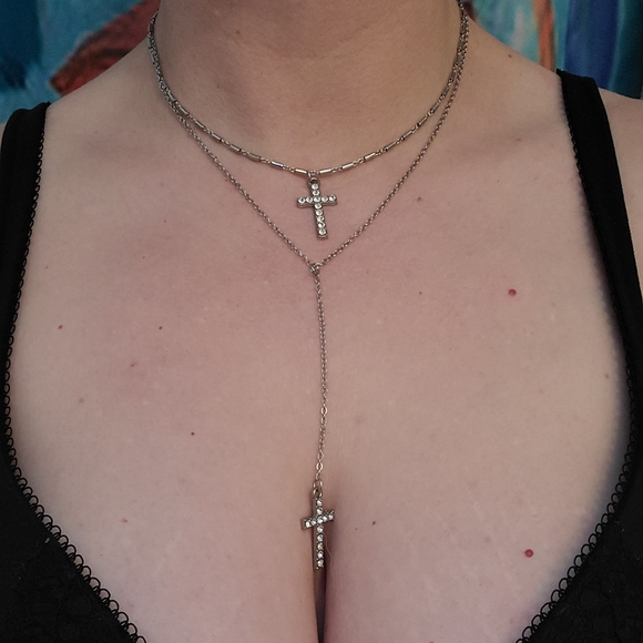 Double Cross Sterling Silver Drop Necklace - Picture 8 of 10